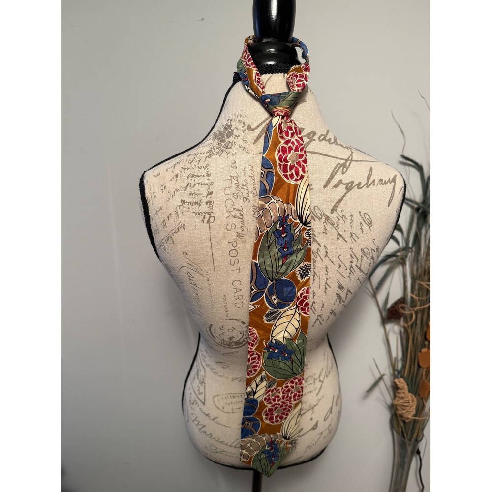 Mario Valentino Silk Neck Tie Scarf Floral Print Brown Blue Red Gold